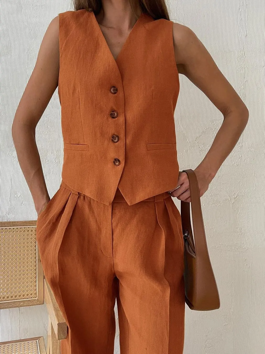 Women's 2 Piece Outfits V Neck Crop Vest Blazer and Wide Leg Suit Pants Business Casual Sets