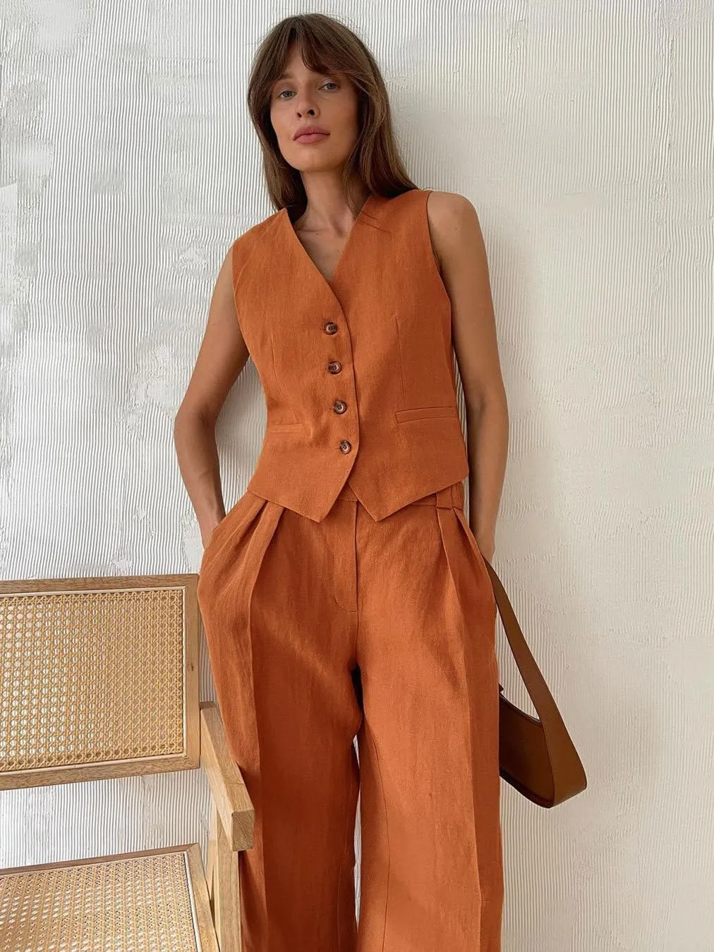 Women's 2 Piece Outfits V Neck Crop Vest Blazer and Wide Leg Suit Pants Business Casual Sets