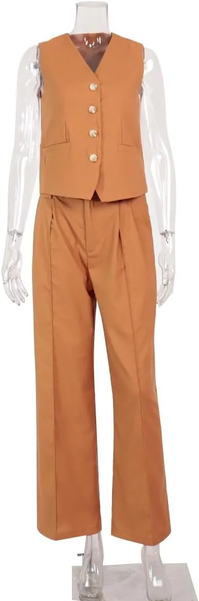 Women's 2 Piece Outfits V Neck Crop Vest Blazer and Wide Leg Suit Pants Business Casual Sets