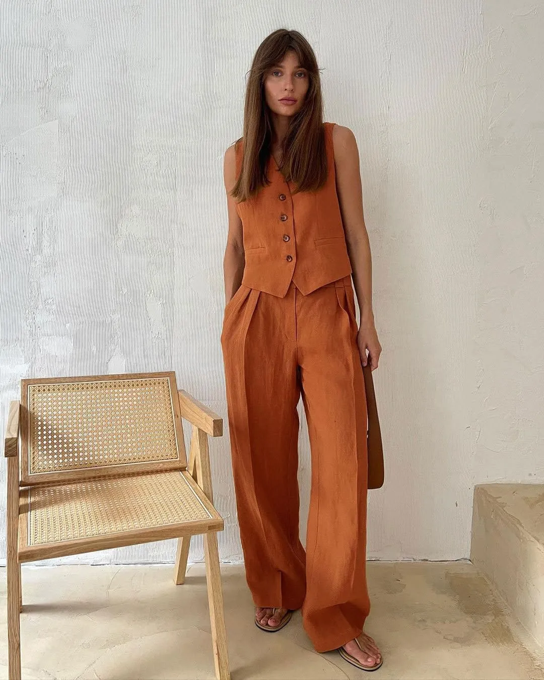 Women's 2 Piece Outfits V Neck Crop Vest Blazer and Wide Leg Suit Pants Business Casual Sets