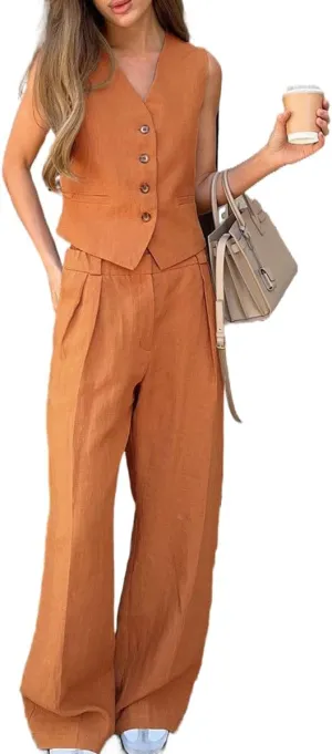 Women's 2 Piece Outfits V Neck Crop Vest Blazer and Wide Leg Suit Pants Business Casual Sets
