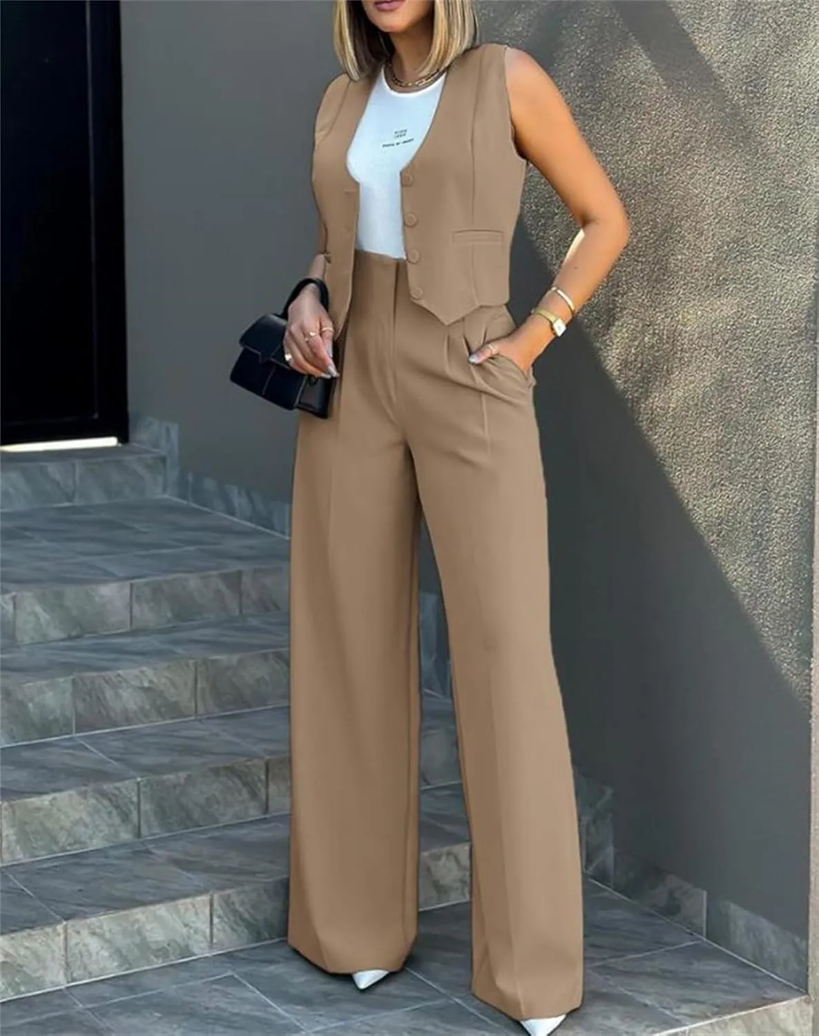 Women's 2 Piece Outfits V Neck Sleeveless Crop Vest Blazer and Wide Leg Pants Work Office Business Casual Suit Sets