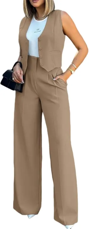 Women's 2 Piece Outfits V Neck Sleeveless Crop Vest Blazer and Wide Leg Pants Work Office Business Casual Suit Sets