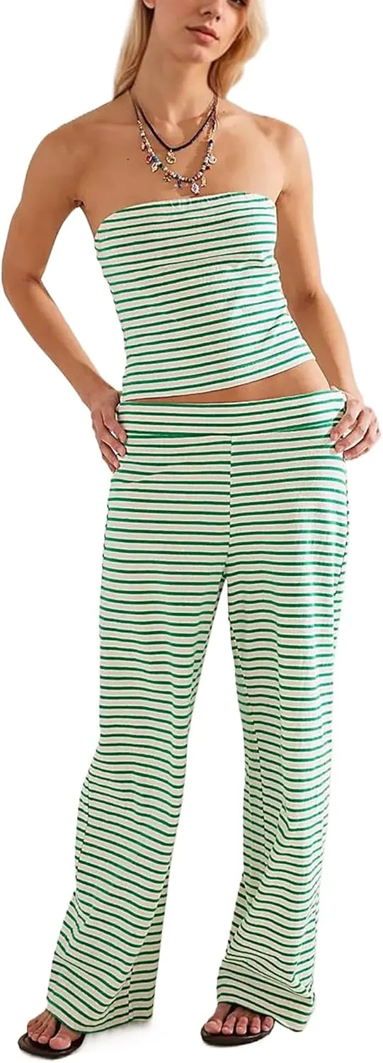 Womens 2 Piece Sets Striped Summer Matching Outfits Strapless Crop Tube Top and Wide Leg Pants Lounge Set