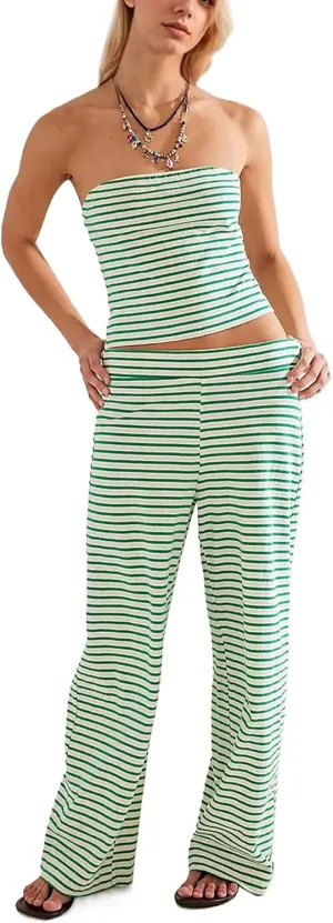 Womens 2 Piece Sets Striped Summer Matching Outfits Strapless Crop Tube Top and Wide Leg Pants Lounge Set