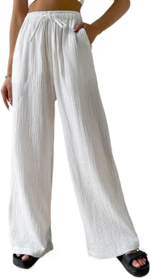 Women's 2024 Casual Summer Wide Leg Pants Loose Drawstring Waist Long Pants