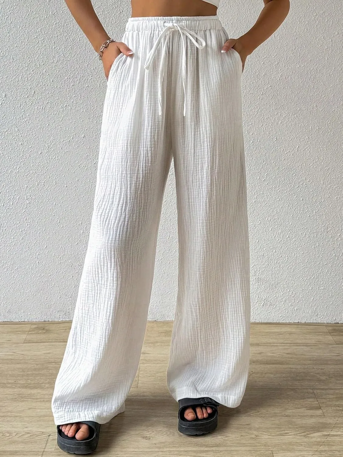 Women's 2024 Casual Summer Wide Leg Pants Loose Drawstring Waist Long Pants