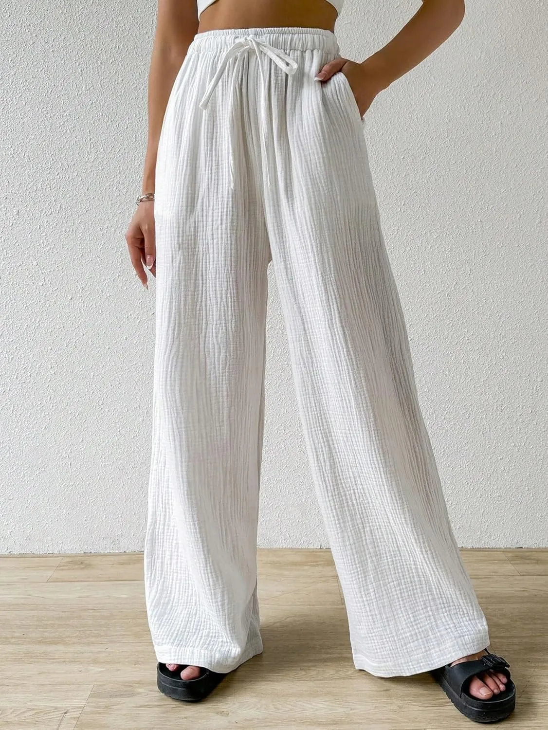 Women's 2024 Casual Summer Wide Leg Pants Loose Drawstring Waist Long Pants