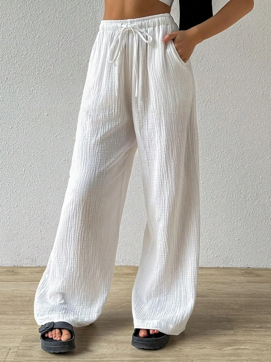 Women's 2024 Casual Summer Wide Leg Pants Loose Drawstring Waist Long Pants