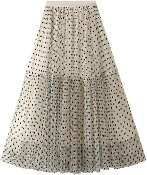 Women's A-Line Pleated Skirt Spring Summer Polka Dot Mesh Skirt Fluffy Skirt