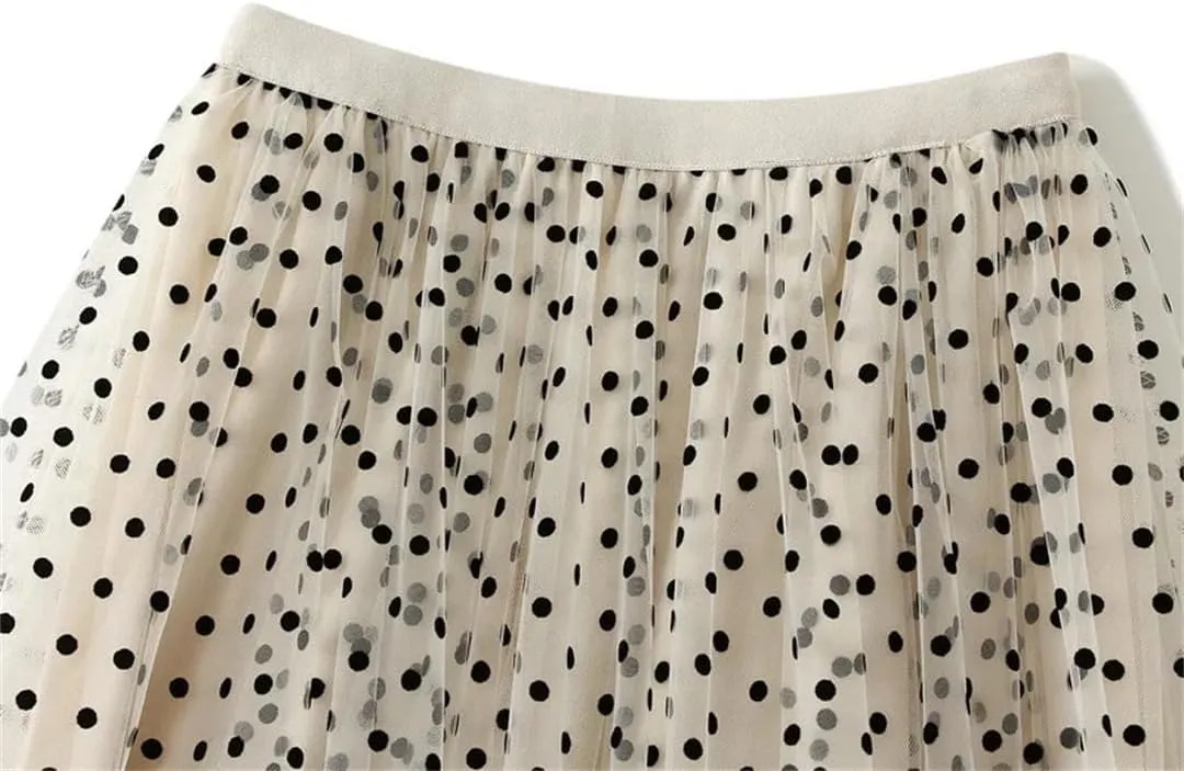 Women's A-Line Pleated Skirt Spring Summer Polka Dot Mesh Skirt Fluffy Skirt