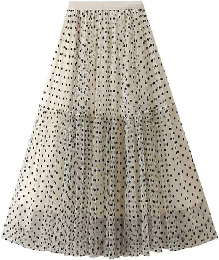 Women's A-Line Pleated Skirt Spring Summer Polka Dot Mesh Skirt Fluffy Skirt