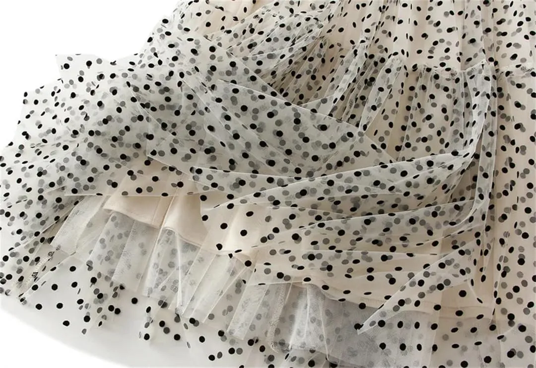 Women's A-Line Pleated Skirt Spring Summer Polka Dot Mesh Skirt Fluffy Skirt