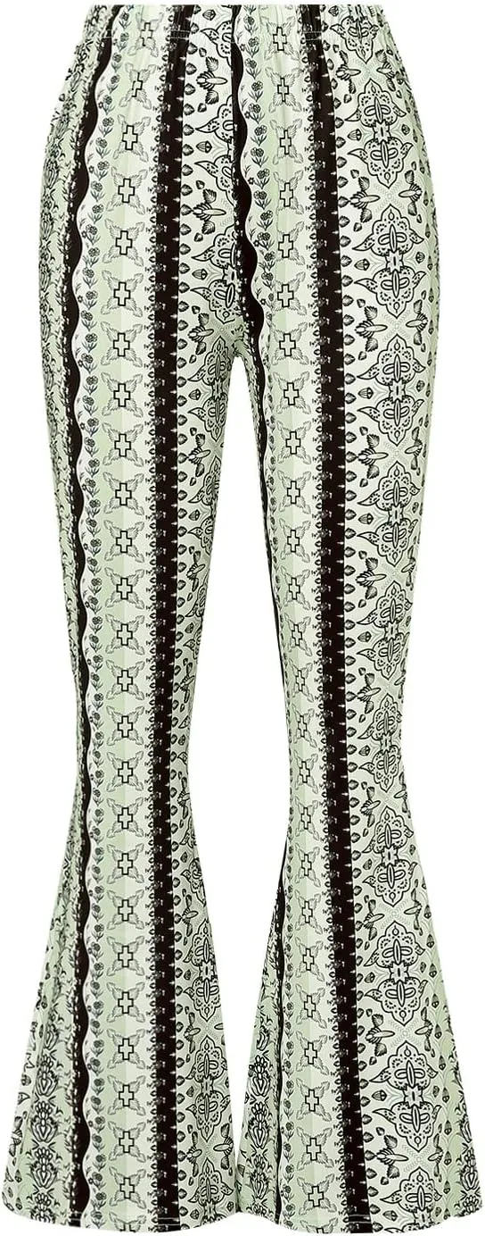 Womens Boho Flare Pants Retro Floral Print High Elastic Waist Bell Bottom Straight Wide Leg Yoga Palazzo Trousers