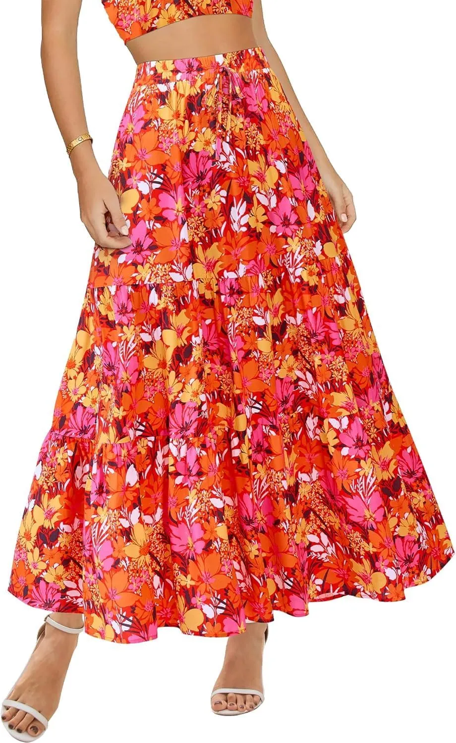 Womens Boho Floral Maxi Skirts Summer Pleated Long Skirt Flowy High Waisted A Line Skirt Casual Beach