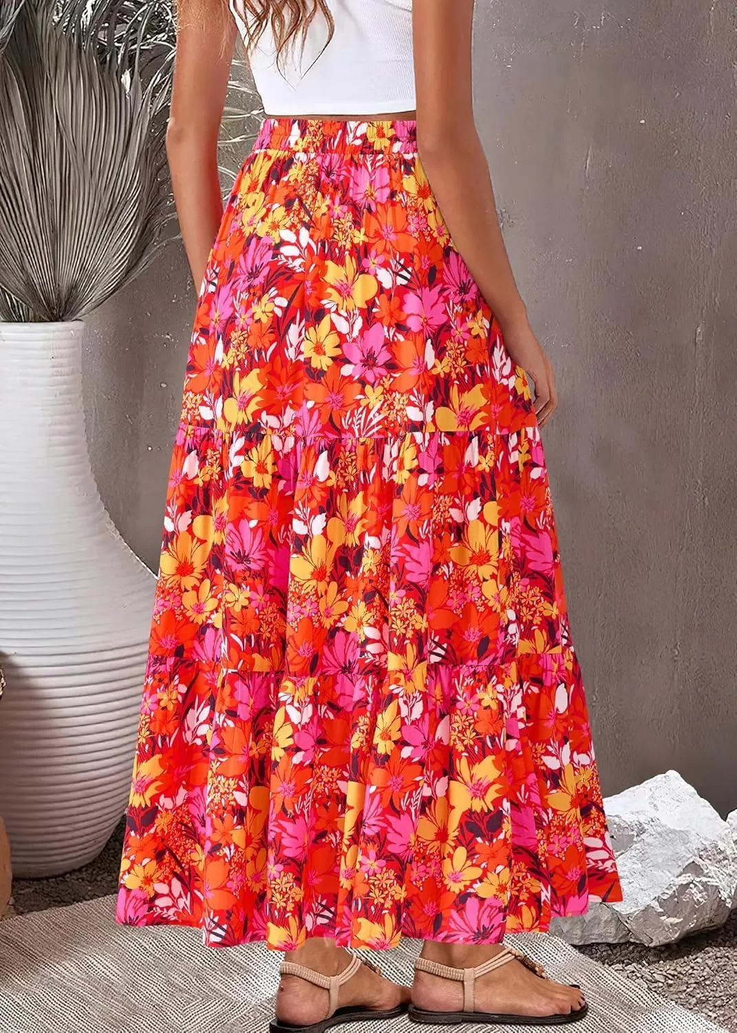 Womens Boho Floral Maxi Skirts Summer Pleated Long Skirt Flowy High Waisted A Line Skirt Casual Beach