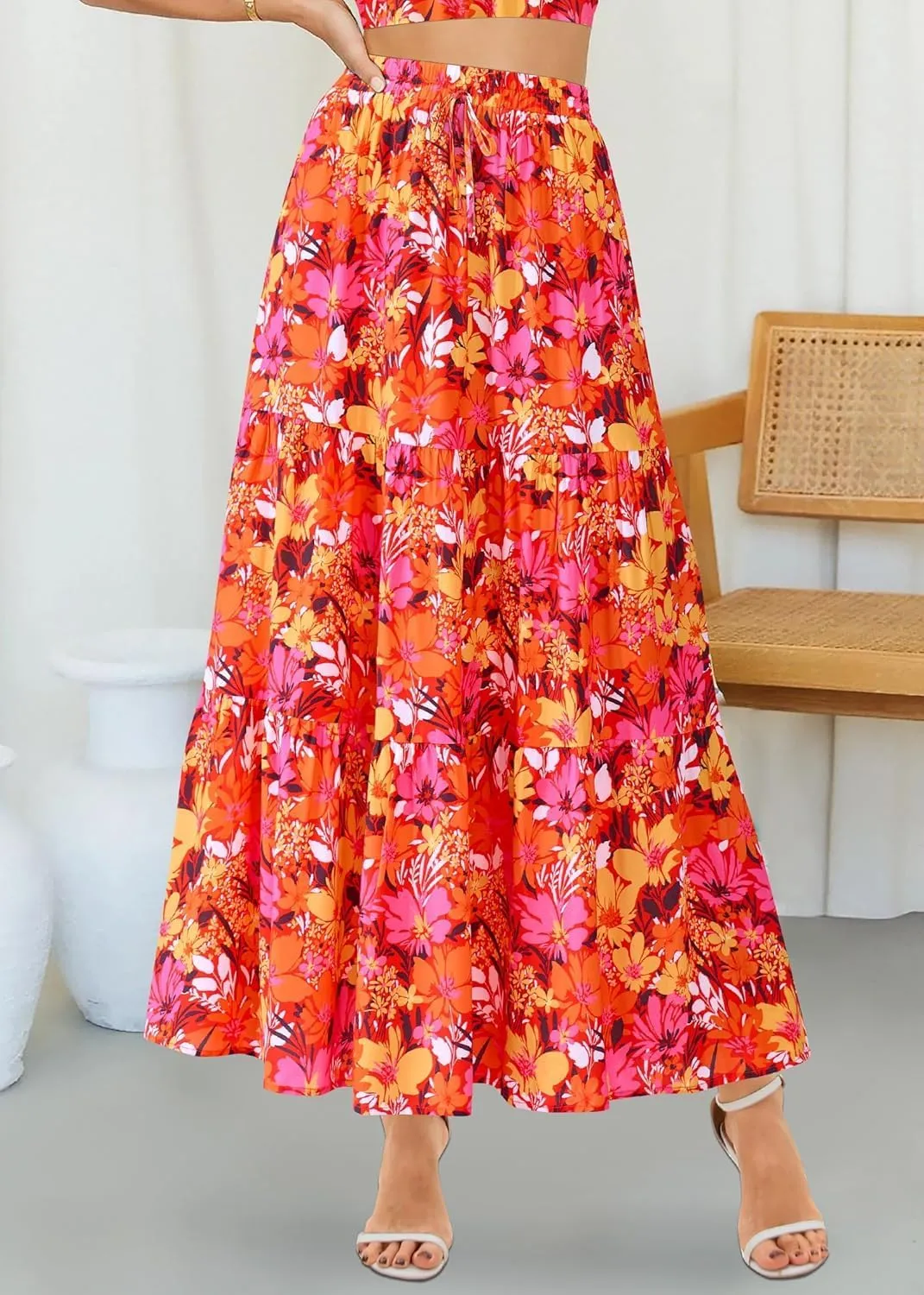 Womens Boho Floral Maxi Skirts Summer Pleated Long Skirt Flowy High Waisted A Line Skirt Casual Beach