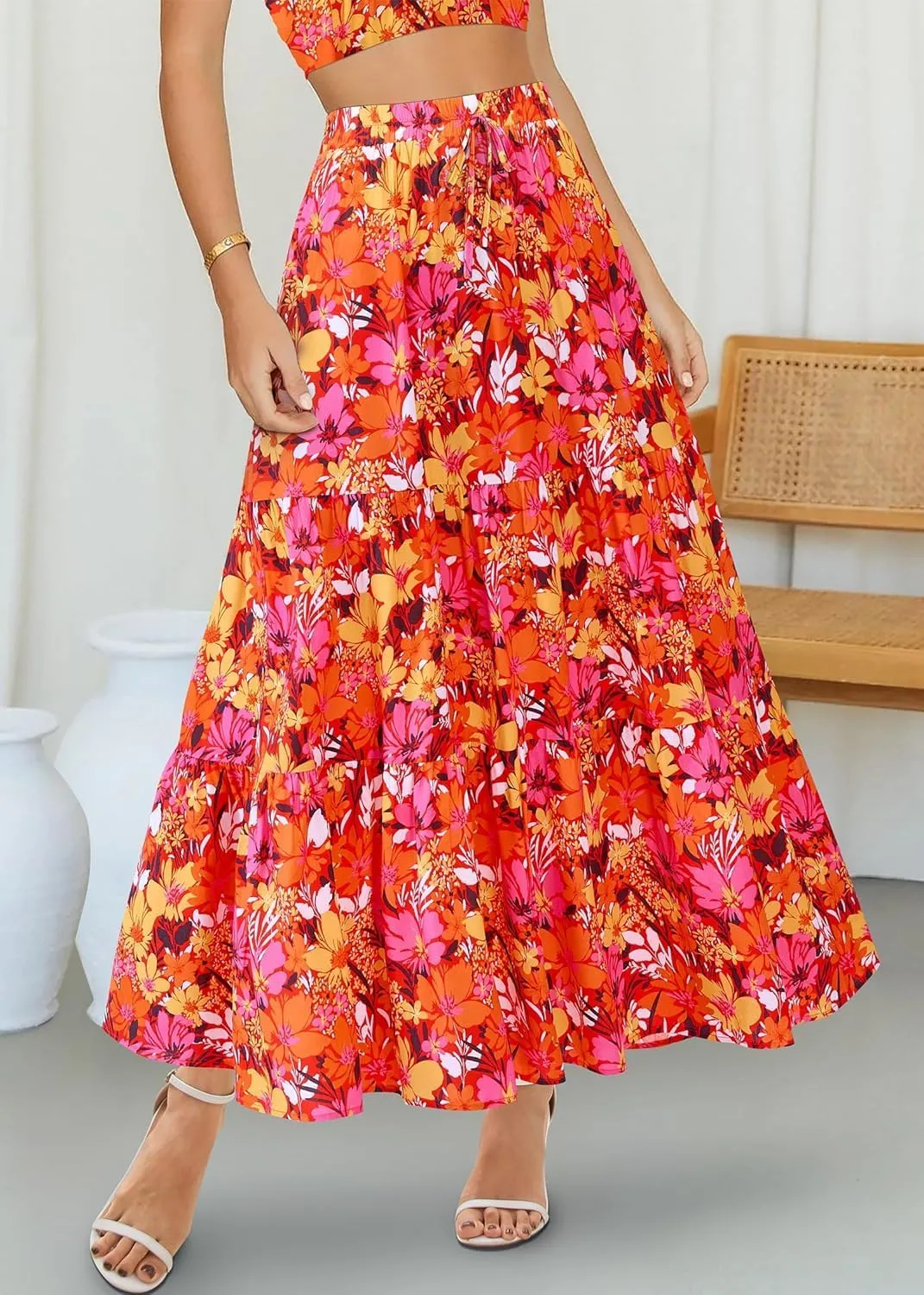 Womens Boho Floral Maxi Skirts Summer Pleated Long Skirt Flowy High Waisted A Line Skirt Casual Beach