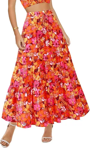 Womens Boho Floral Maxi Skirts Summer Pleated Long Skirt Flowy High Waisted A Line Skirt Casual Beach