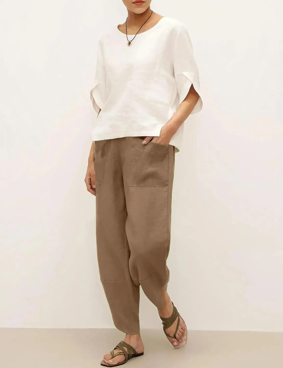 Womens Capri Pants Baggy Wide Leg Pants Linen Elastic Waisted Loose Palazzo Harem Pants with Pockets