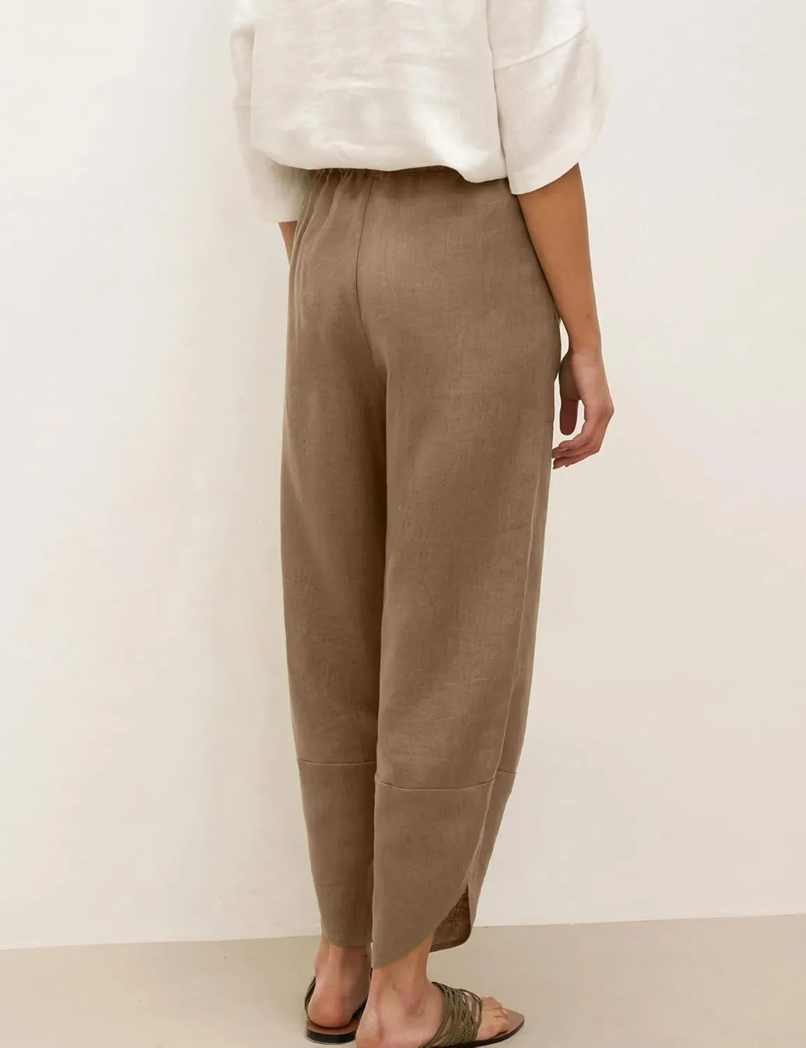 Womens Capri Pants Baggy Wide Leg Pants Linen Elastic Waisted Loose Palazzo Harem Pants with Pockets