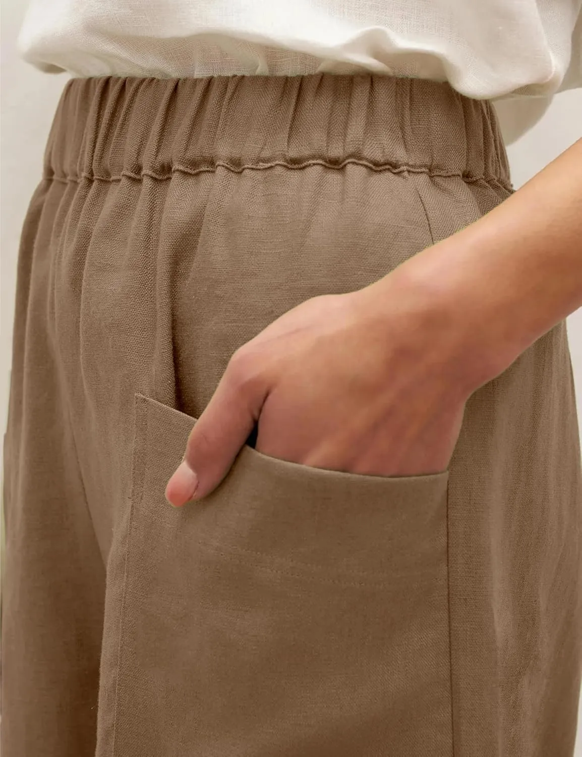 Womens Capri Pants Baggy Wide Leg Pants Linen Elastic Waisted Loose Palazzo Harem Pants with Pockets