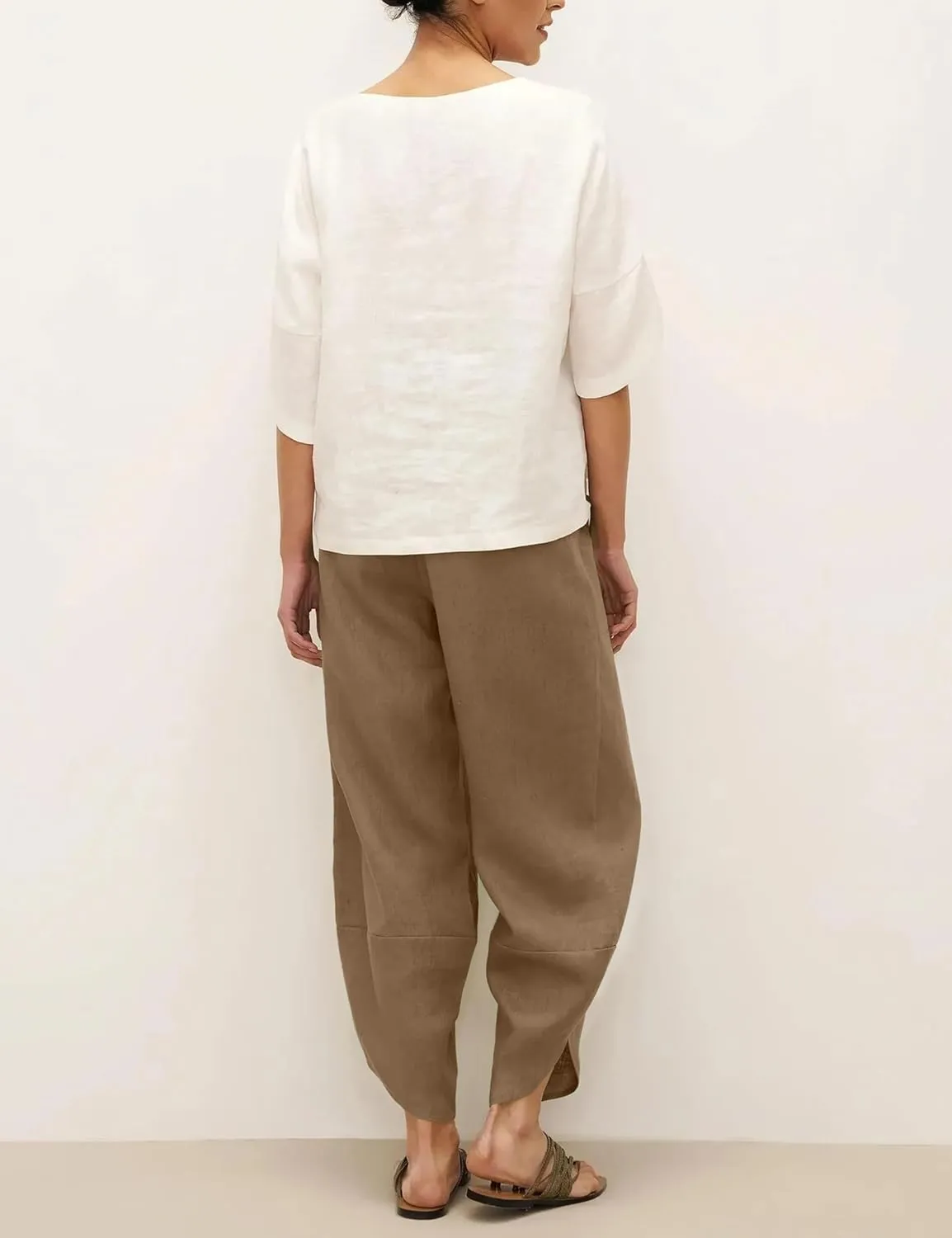 Womens Capri Pants Baggy Wide Leg Pants Linen Elastic Waisted Loose Palazzo Harem Pants with Pockets