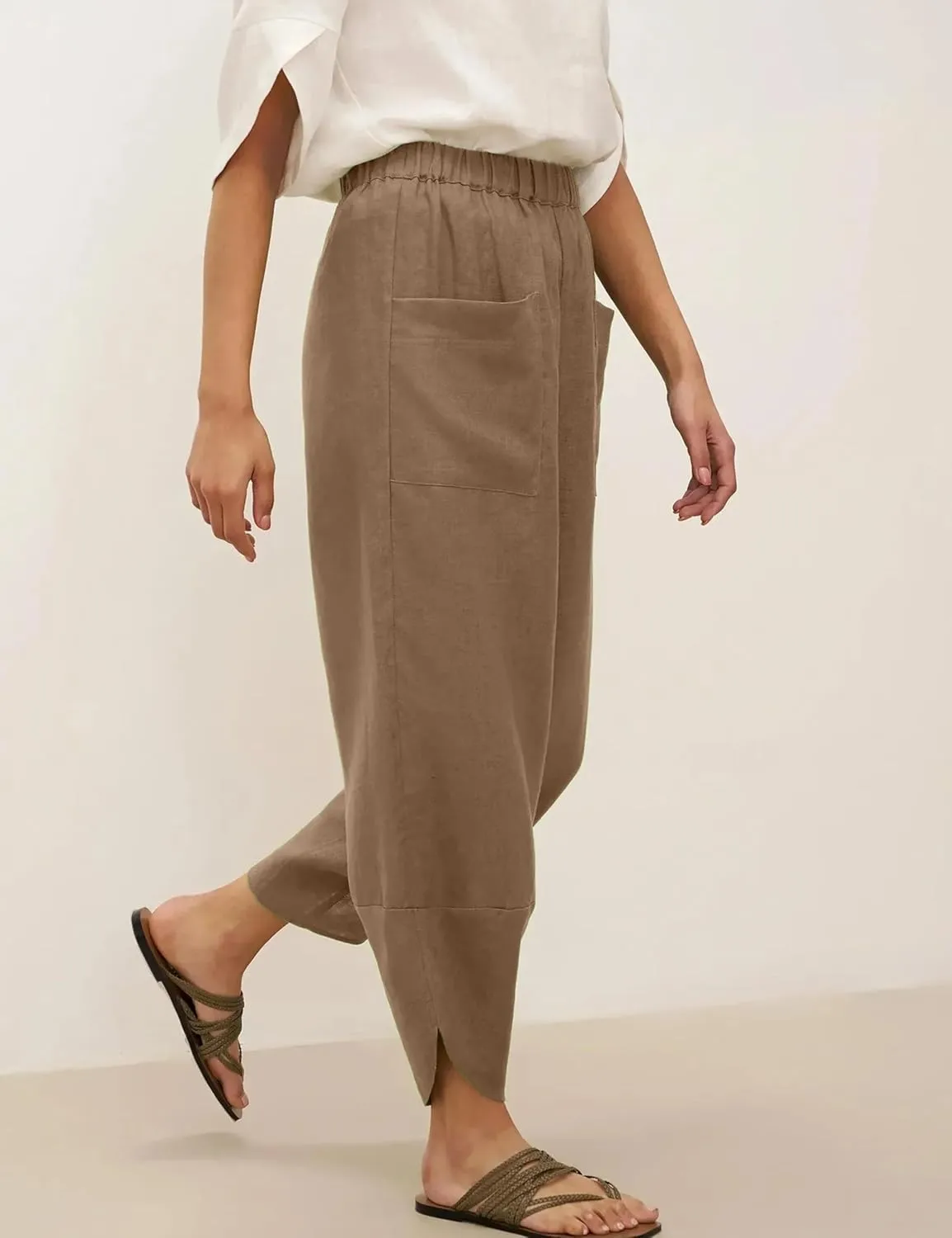 Womens Capri Pants Baggy Wide Leg Pants Linen Elastic Waisted Loose Palazzo Harem Pants with Pockets