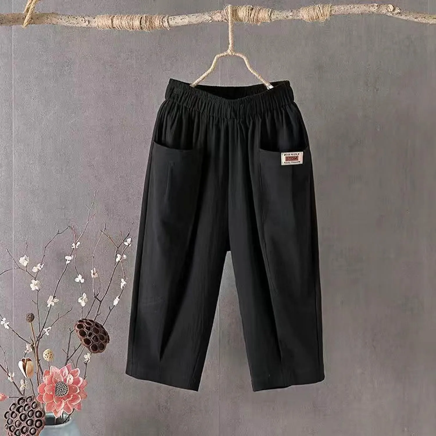 Women's Cotton Linen Carpi Pants Summer Wide Leg Casual Loose Lightweight High Waisted Pants Trousers with Pockets