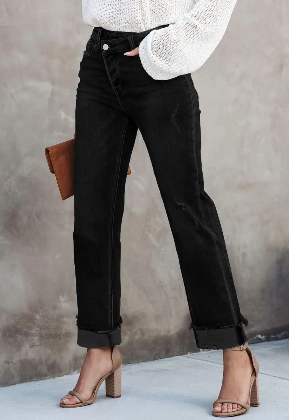 Womens Denim Cargo Pants Flap Pocket High Waisted Stretchy Straight Wide Leg Jeans
