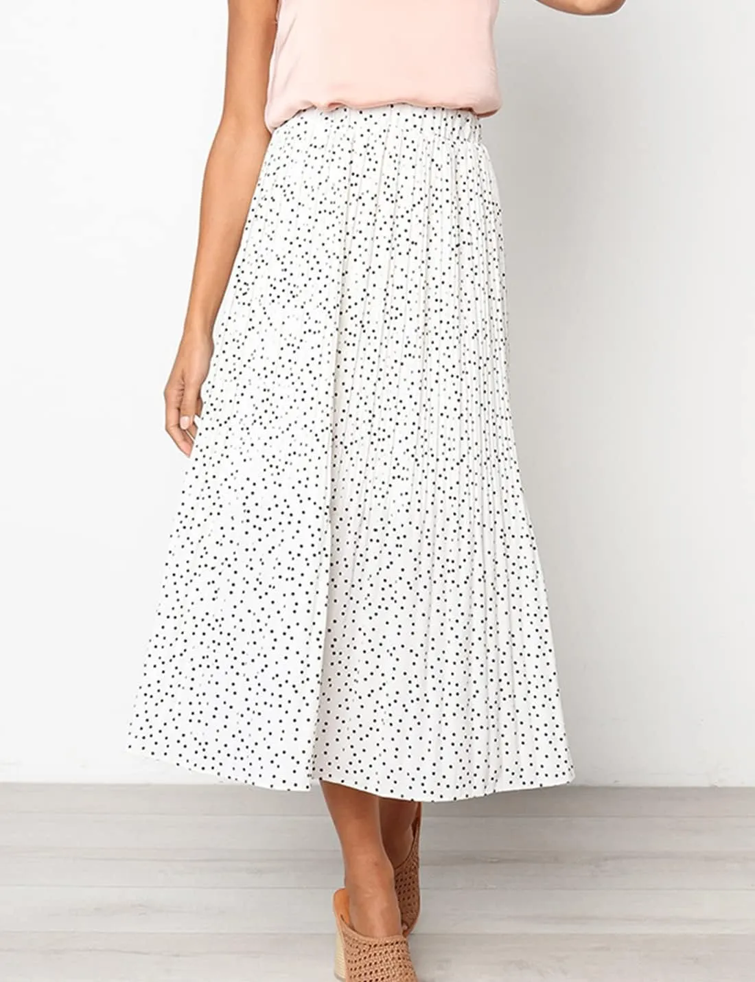 Womens Elegant High Elastic Waist Polka dot Print Pleated Midi Skirt with Pockets