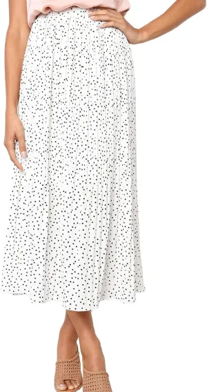 Womens Elegant High Elastic Waist Polka dot Print Pleated Midi Skirt with Pockets