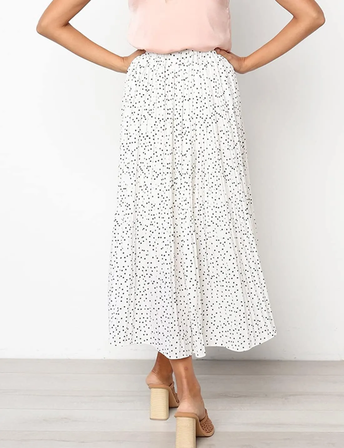 Womens Elegant High Elastic Waist Polka dot Print Pleated Midi Skirt with Pockets