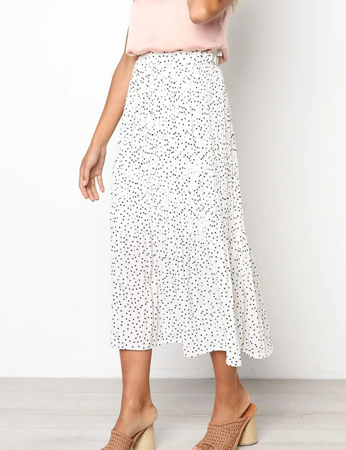 Womens Elegant High Elastic Waist Polka dot Print Pleated Midi Skirt with Pockets