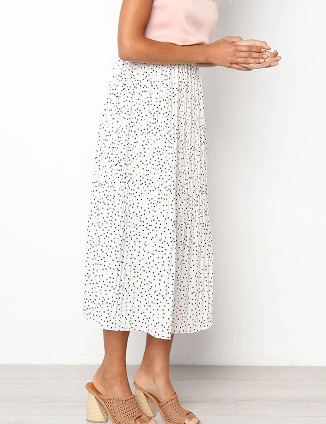 Womens Elegant High Elastic Waist Polka dot Print Pleated Midi Skirt with Pockets