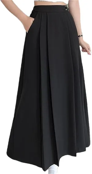 Women's Elegant Pleated Skirts Vintage Solid Color High Waist Casual Mid Length A-Line Skirts