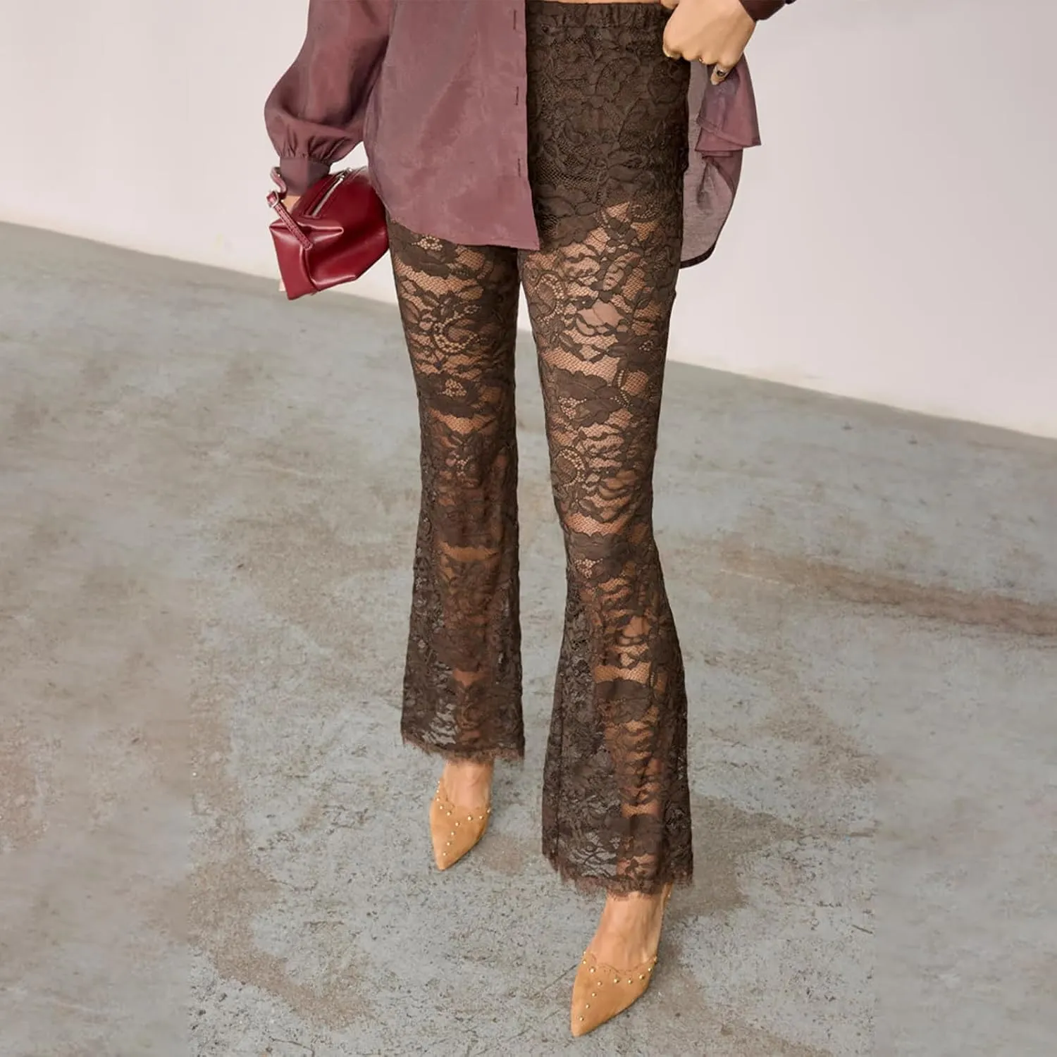 Women's Lace Bell Pant Sheer Mesh Stretchy Slim Trouser Hollow Out Skinny Bottom Leggings Party Club Cover Up Pants