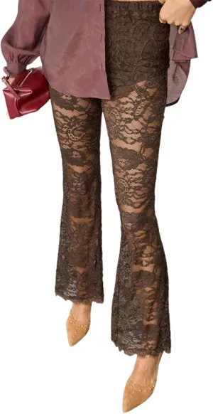 Women's Lace Bell Pant Sheer Mesh Stretchy Slim Trouser Hollow Out Skinny Bottom Leggings Party Club Cover Up Pants