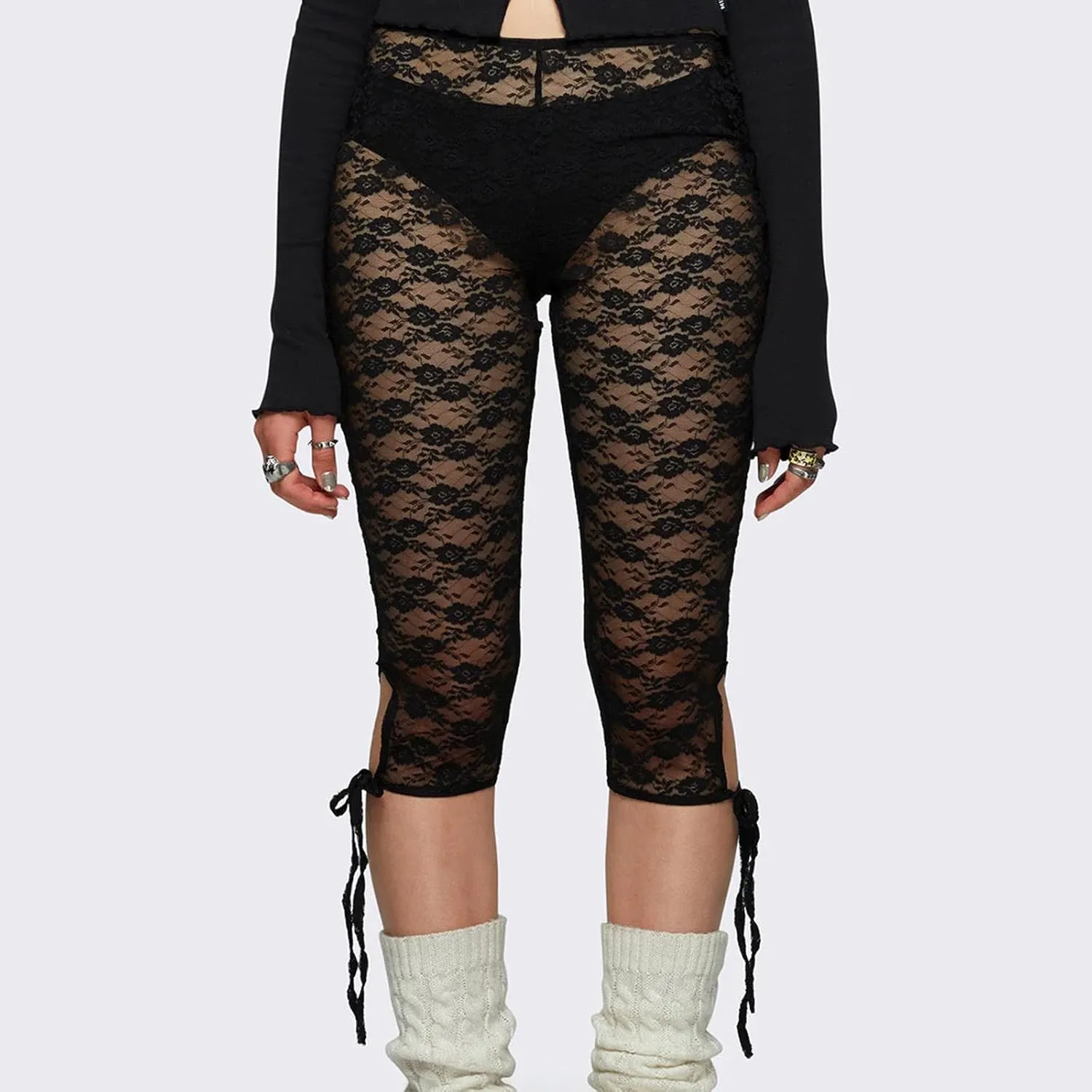 Women's Lace Capri Pants Sexy See Through Bandage Sheer Mesh Tights Bottoms Cropped Leggings Party Night Club Outfits
