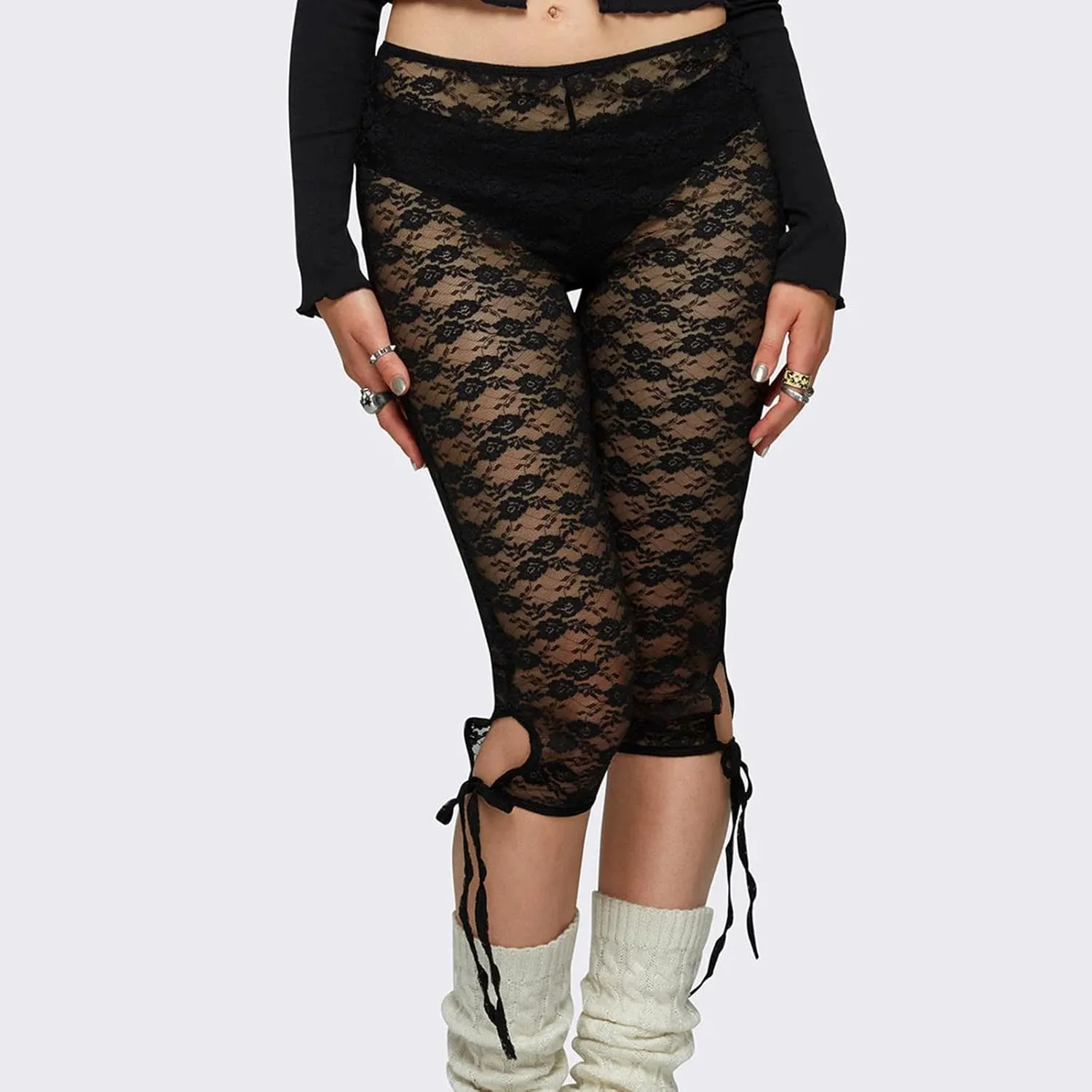 Women's Lace Capri Pants Sexy See Through Bandage Sheer Mesh Tights Bottoms Cropped Leggings Party Night Club Outfits
