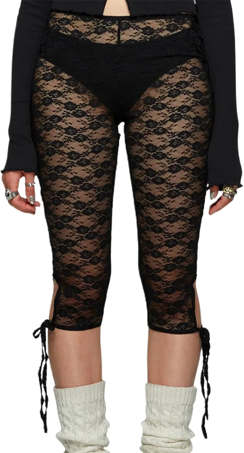 Women's Lace Capri Pants Sexy See Through Bandage Sheer Mesh Tights Bottoms Cropped Leggings Party Night Club Outfits