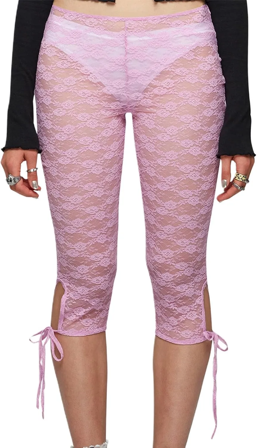Women's Lace Capri Pants Sexy See Through Bandage Sheer Mesh Tights Bottoms Cropped Leggings Party Night Club Outfits
