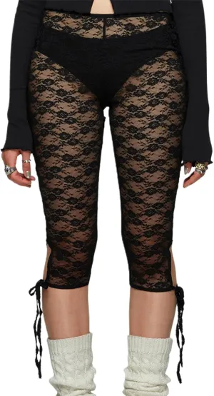 Women's Lace Capri Pants Sexy See Through Bandage Sheer Mesh Tights Bottoms Cropped Leggings Party Night Club Outfits