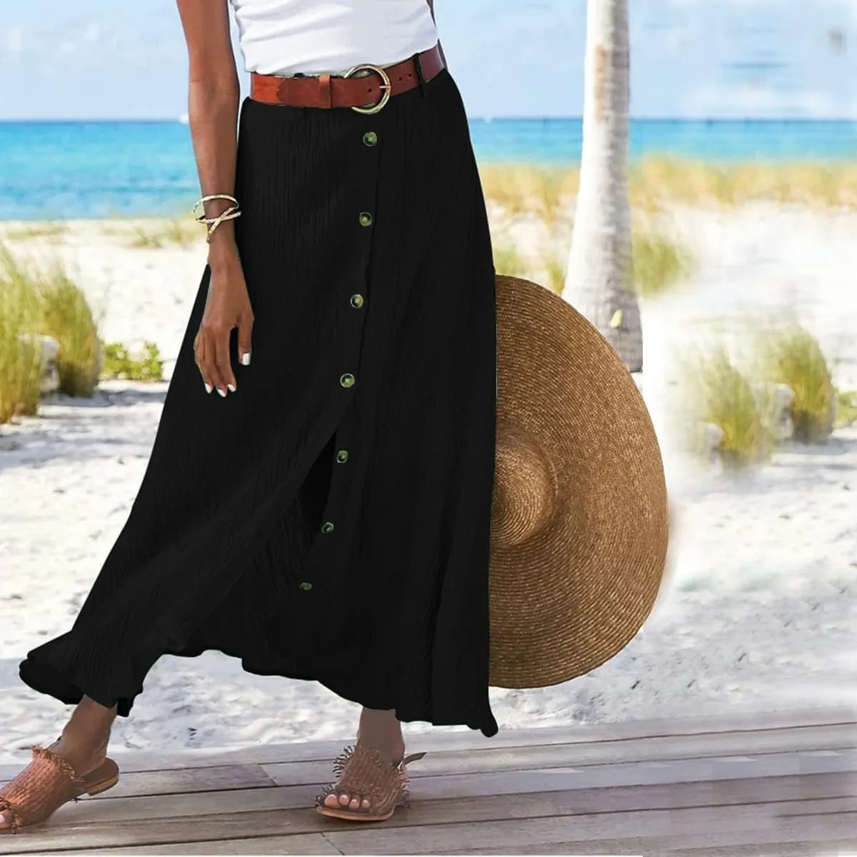 Womens Linen Button Down High Waist A Line Long Skirt Flowy Lightweight Slit Beach Maxi Skirt