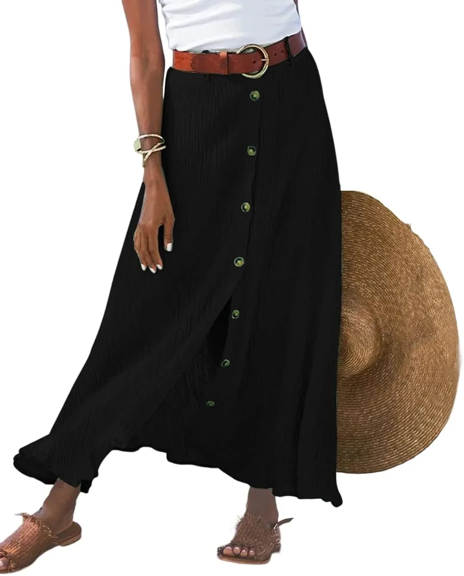 Womens Linen Button Down High Waist A Line Long Skirt Flowy Lightweight Slit Beach Maxi Skirt