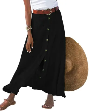 Womens Linen Button Down High Waist A Line Long Skirt Flowy Lightweight Slit Beach Maxi Skirt