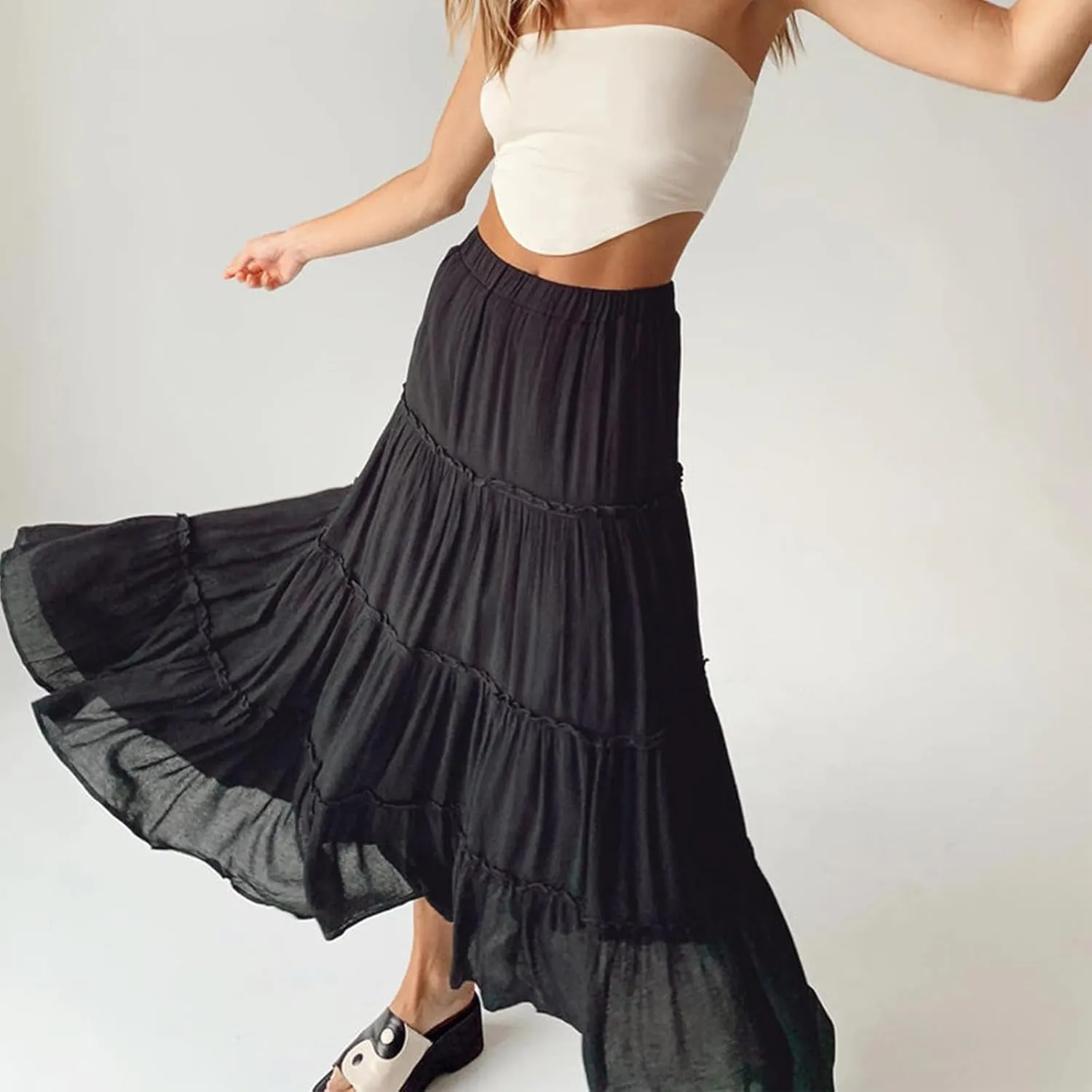 Women's Long Maxi Skirts Elastic High Waist Tiered Flowy Long Skirt Pleated Swing A-Line Maxi Summer Beach Skirt