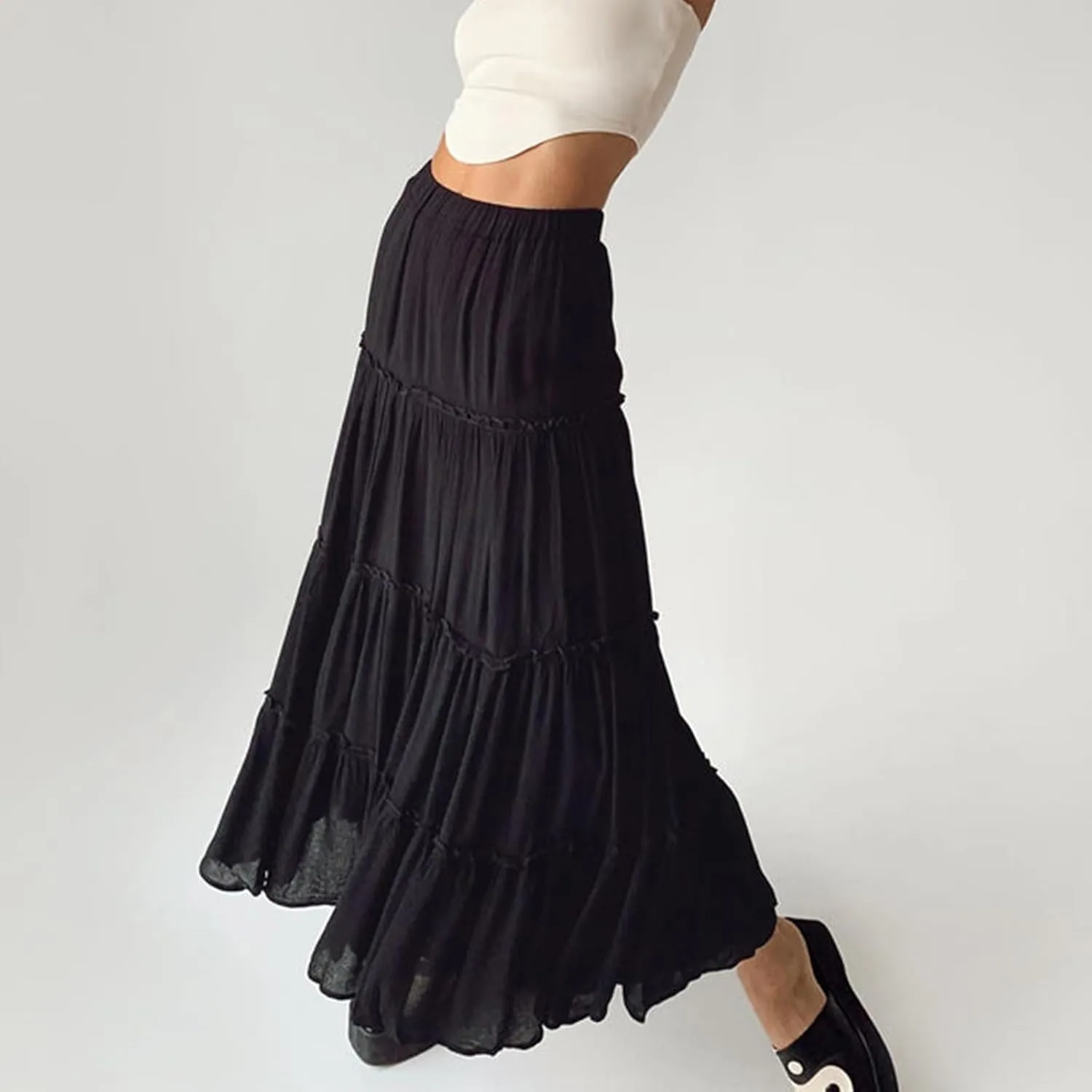 Women's Long Maxi Skirts Elastic High Waist Tiered Flowy Long Skirt Pleated Swing A-Line Maxi Summer Beach Skirt