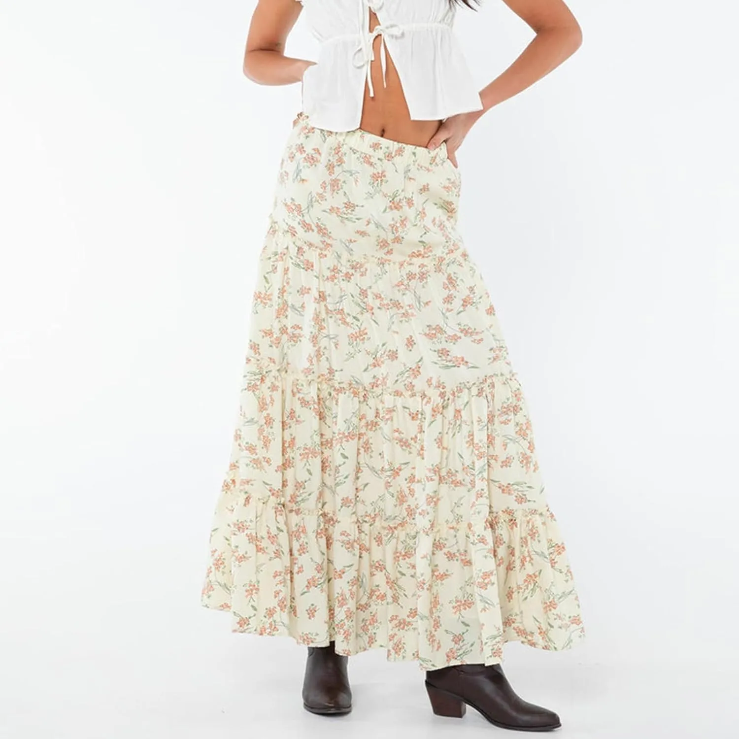 Women's Long Maxi Skirts Elastic High Waist Tiered Flowy Long Skirt Pleated Swing A-Line Maxi Summer Beach Skirt