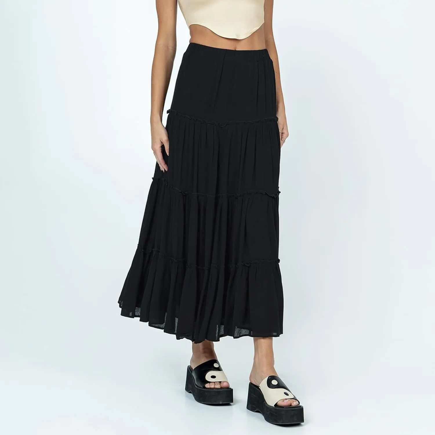 Women's Long Maxi Skirts Elastic High Waist Tiered Flowy Long Skirt Pleated Swing A-Line Maxi Summer Beach Skirt